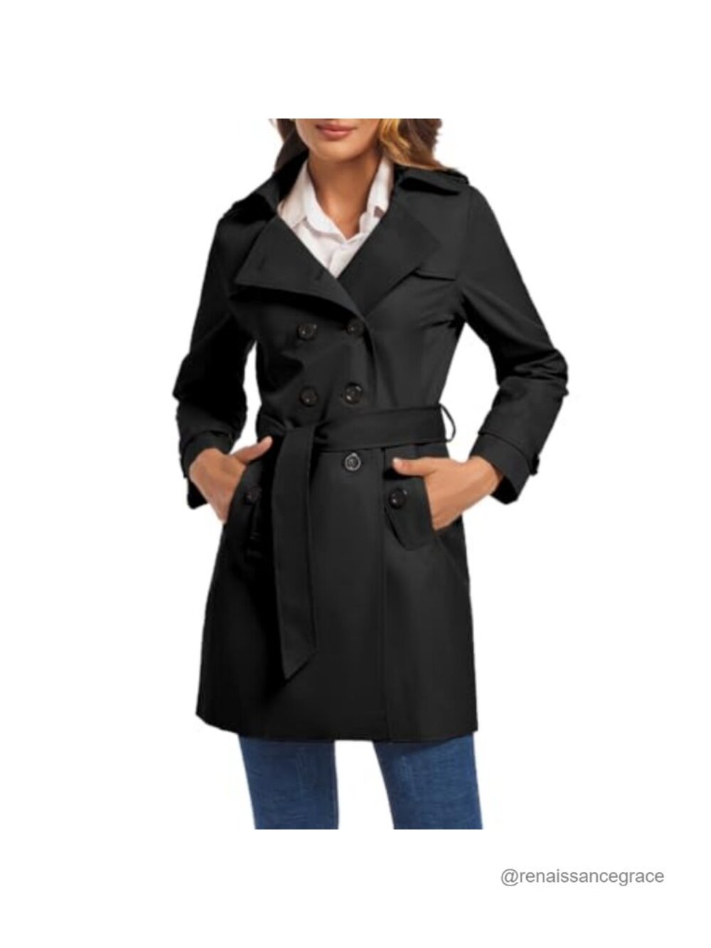 Women's Double Breasted Water Resistant Trench Coat Belted Lapel Overcoat
